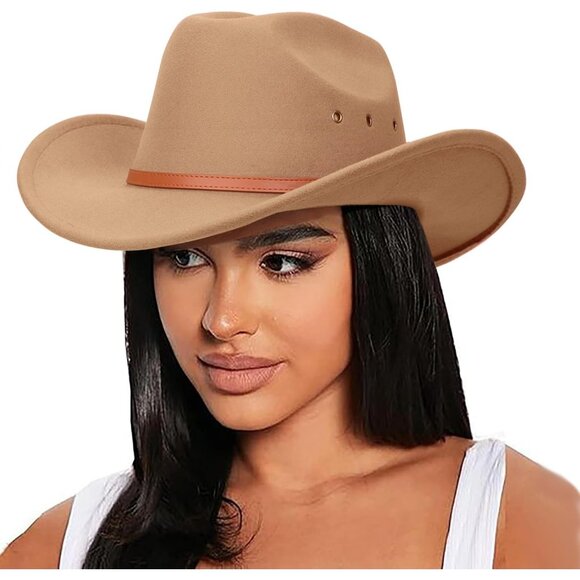 Women's khaki Western With Leather Band Buckle Classic Fedora Cowboy Felt Hat - Picture 3 of 8